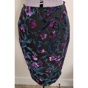 Vtg FINITY STUDIO Pencil Skirt Women's Blk Blue Floral Burnout Pattern Sz 2/4